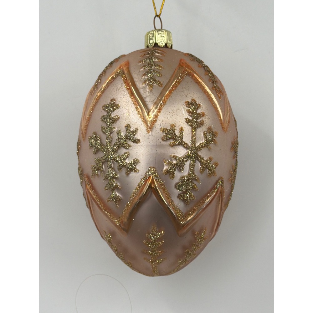 Santa's Best Glass Egg Christmas Ornament Pink Gold Glitter Snowflake Vintage